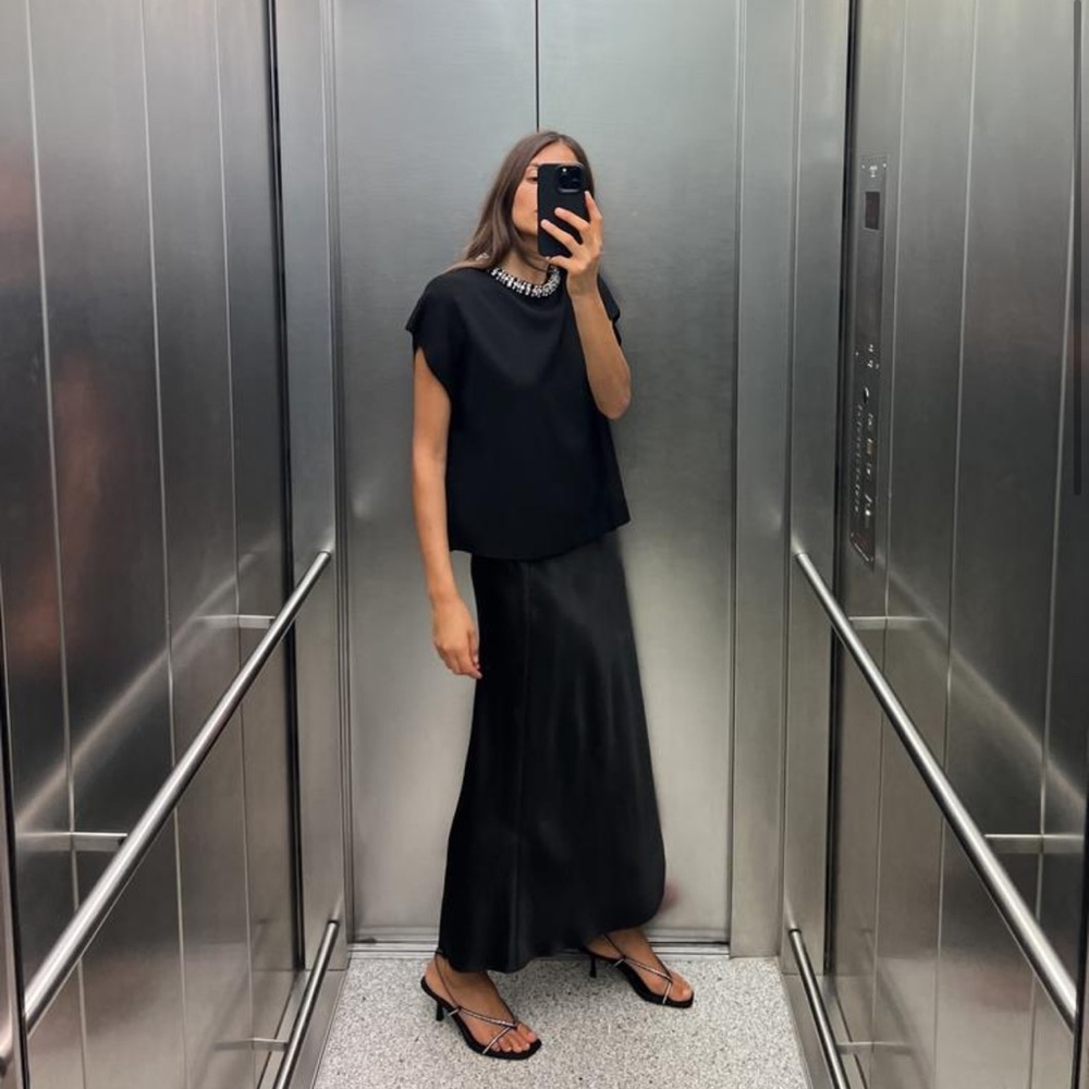 Satin Effect Midi Skirt in Black